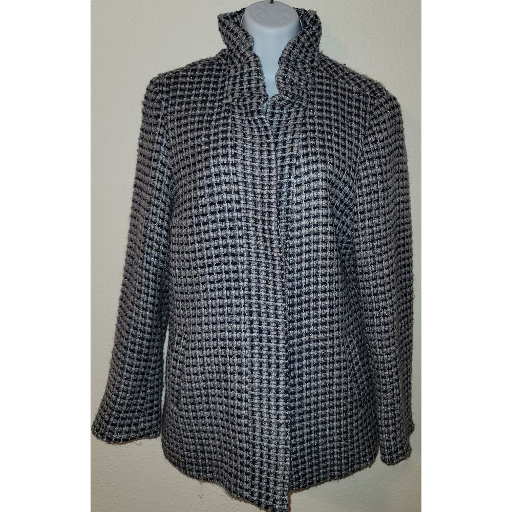 Coldwater Creek Blue Silver Open Front Women's Blazer 14 Lined Scalloped Collar
